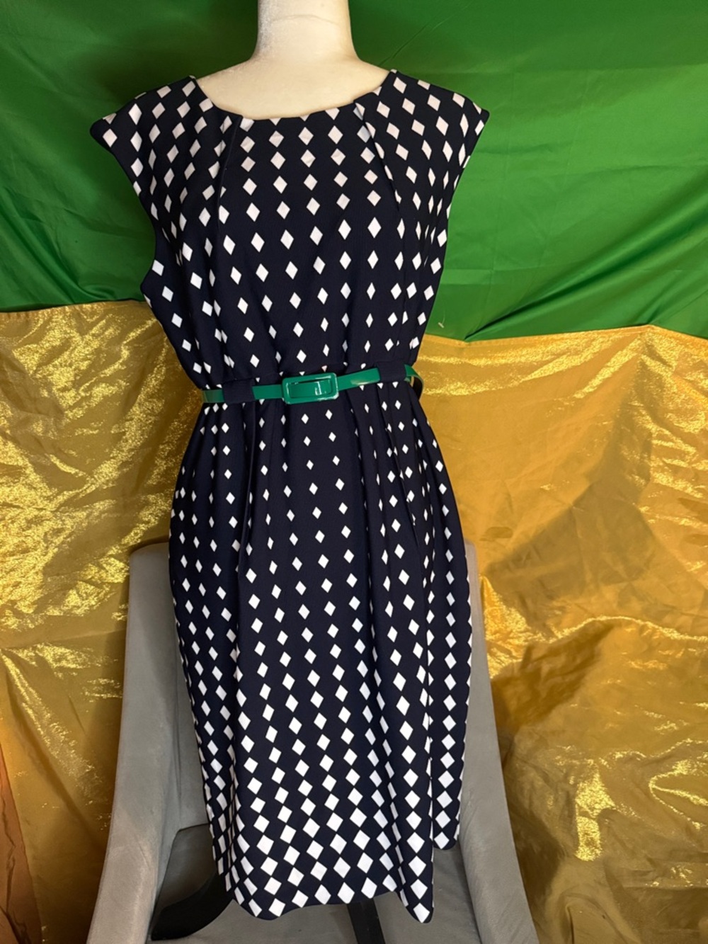 Navy Diamond Print Midi Dress with Green Belt